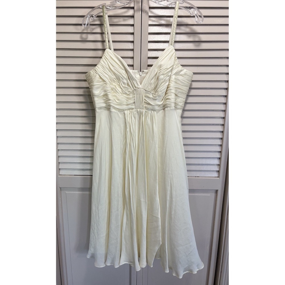 Anne Klein Silk V-Neck Midi Dress Champagne Gathered Zip Flowy Size 12